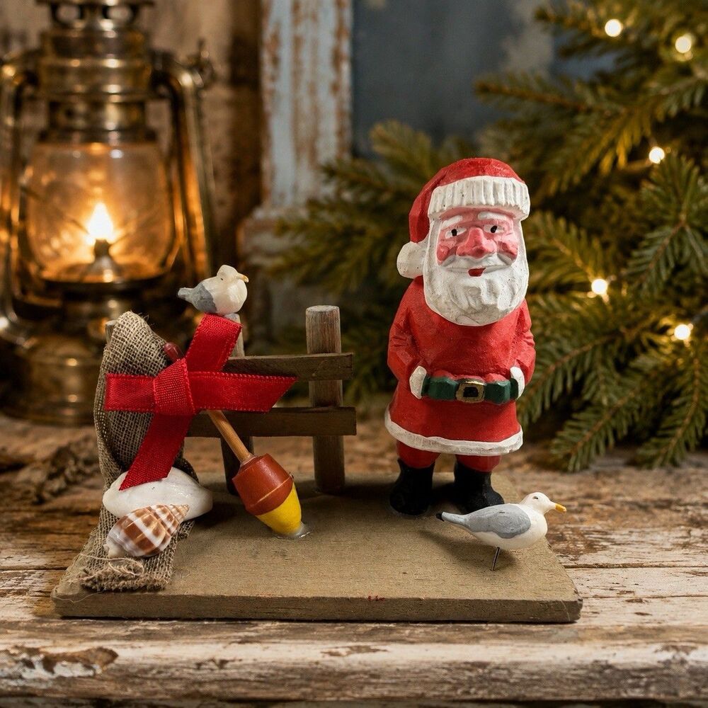 Vintage Hand Painted Wood Coastal Santa Figurine Seagulls Beach Christmas Decor